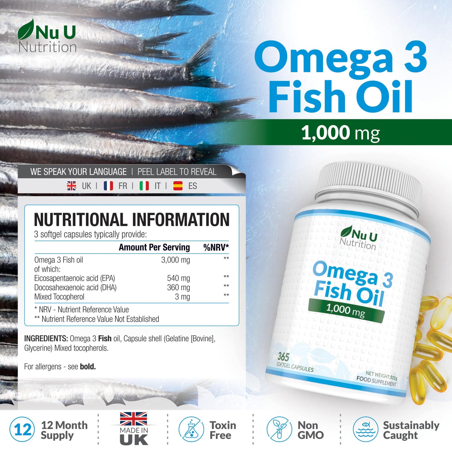 Omega 3 Fish Oil 1000mg - 365 Softgel Capsules - Up to 12 Month’s Supply - Pure Fish Oil - Maple Wellness Supplements