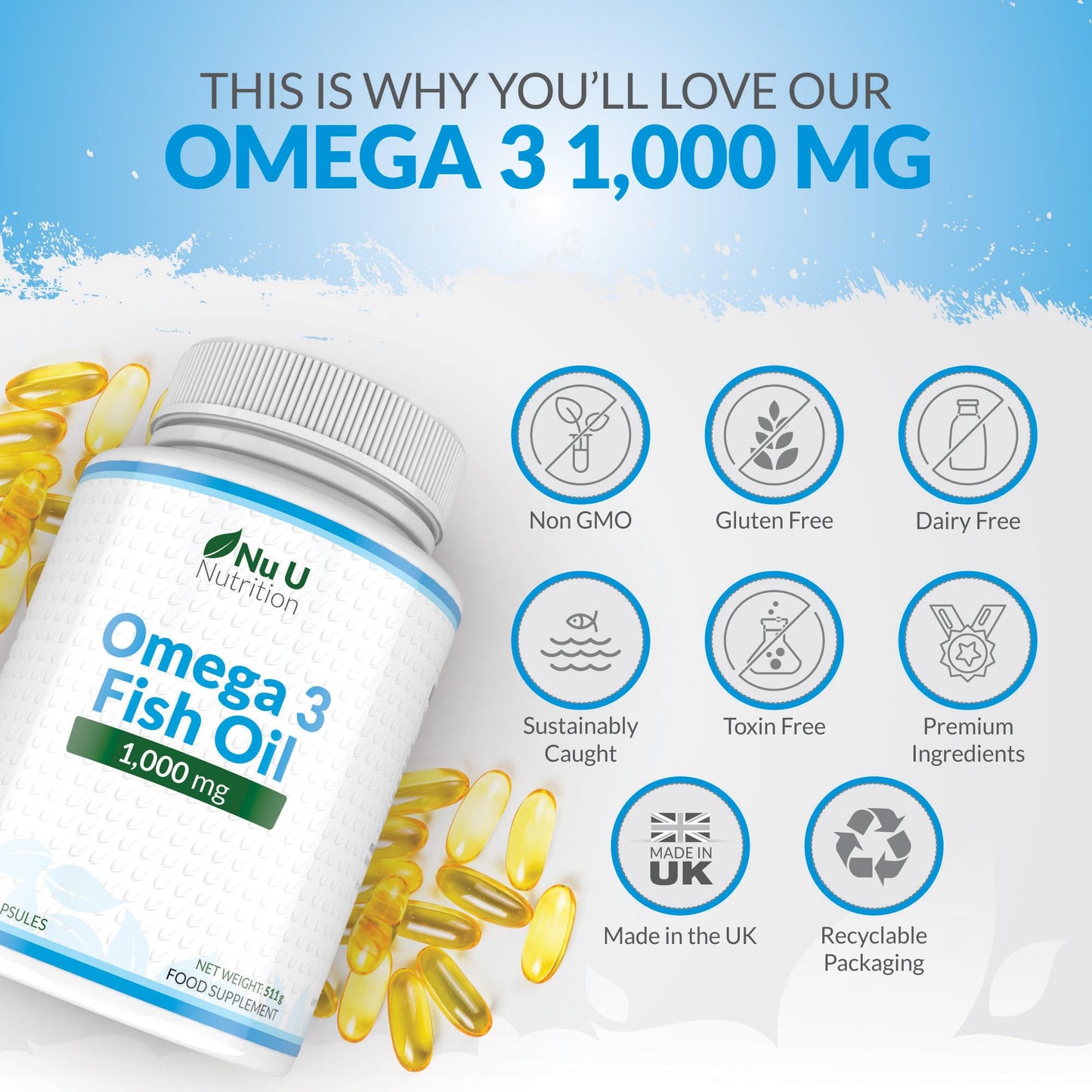 Omega 3 Fish Oil 1000mg - 365 Softgel Capsules - Up to 12 Month’s Supply - Pure Fish Oil - Maple Wellness Supplements
