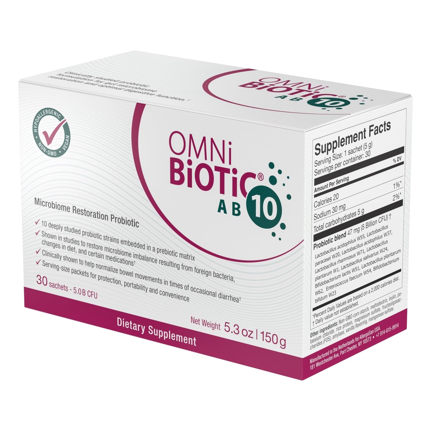 OMNi BiOTiC AB 10 - Clinically Tested Restorative Probiotic - Supports & Restores Gut Flora & Digestion - Digestive Probiotic for Diarrhea - Vegan, Hypoallergenic, Non-GMO (30 Daily Packets) - Maple Wellness Supplements