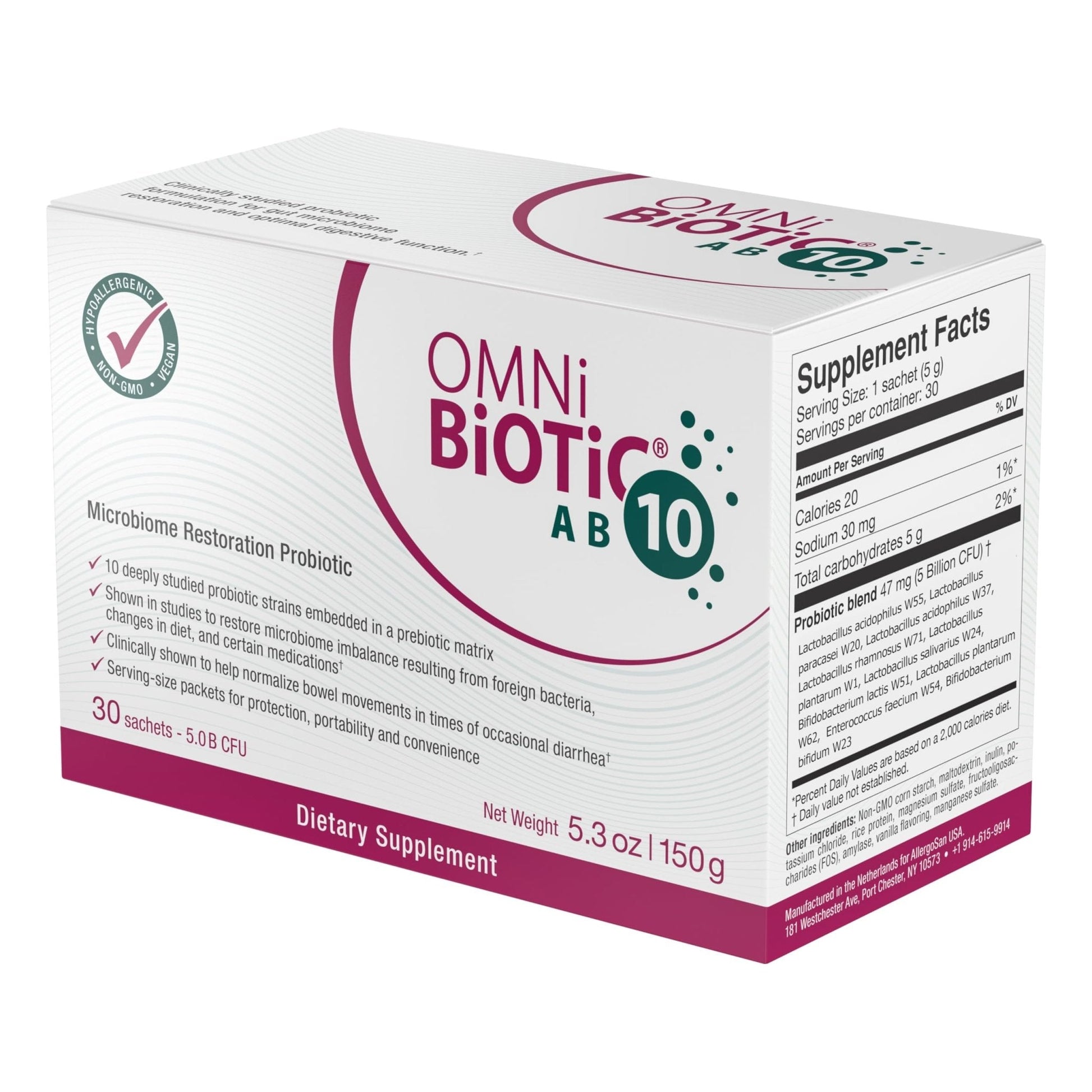 OMNi BiOTiC AB 10 - Clinically Tested Restorative Probiotic - Supports & Restores Gut Flora & Digestion - Digestive Probiotic for Diarrhea - Vegan, Hypoallergenic, Non-GMO (30 Daily Packets) - Maple Wellness Supplements