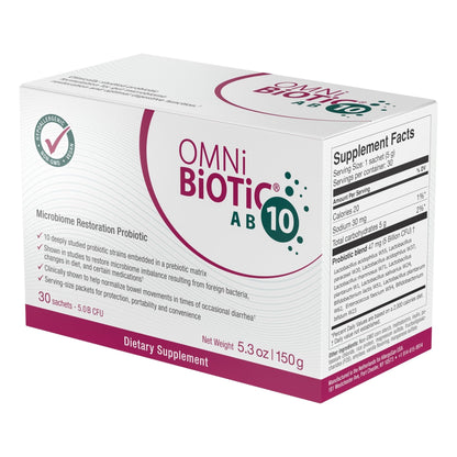OMNi BiOTiC AB 10 - Clinically Tested Restorative Probiotic - Supports & Restores Gut Flora & Digestion - Digestive Probiotic for Diarrhea - Vegan, Hypoallergenic, Non-GMO (30 Daily Packets) - Maple Wellness Supplements