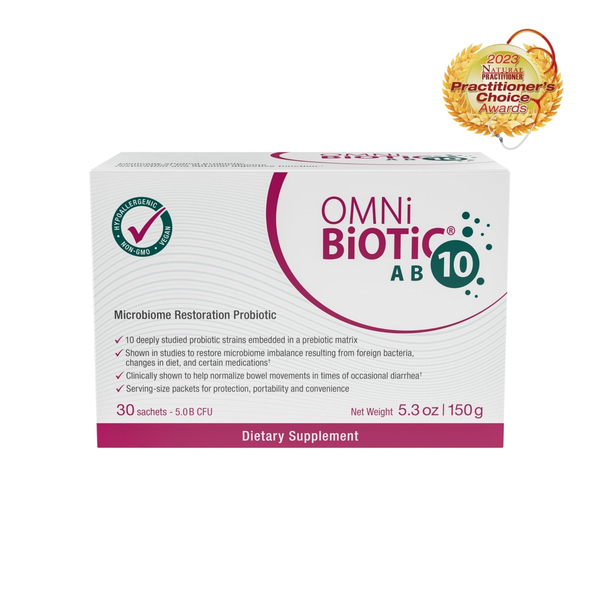 OMNi BiOTiC AB 10 - Clinically Tested Restorative Probiotic - Supports & Restores Gut Flora & Digestion - Digestive Probiotic for Diarrhea - Vegan, Hypoallergenic, Non-GMO (30 Daily Packets) - Maple Wellness Supplements