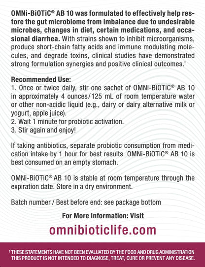 OMNi BiOTiC AB 10 - Clinically Tested Restorative Probiotic - Supports & Restores Gut Flora & Digestion - Digestive Probiotic for Diarrhea - Vegan, Hypoallergenic, Non-GMO (30 Daily Packets) - Maple Wellness Supplements