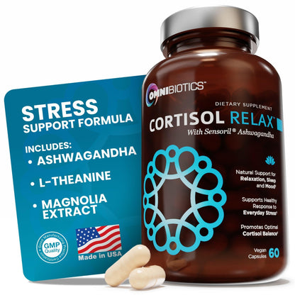 OmniBiotics Cortisol Supplement for Women and Men - High Cortisol Manager with Ashwagandha, L-Theanine, Magnolia Extract, Phosphatidylserine to Support Relaxation, Calm, Detox - 60 Vegan Capsules - Maple Wellness Supplements