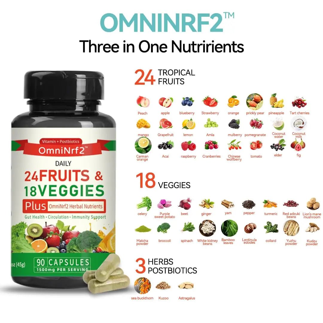 OmniNrf2 Postbiotic Supplement Capsules for Gut Health, Superfood with 24 Fruits & 18 Veggies & Fermented Herbal Plants, 90 Capsules for Antioxidant Support - Maple Wellness Supplements