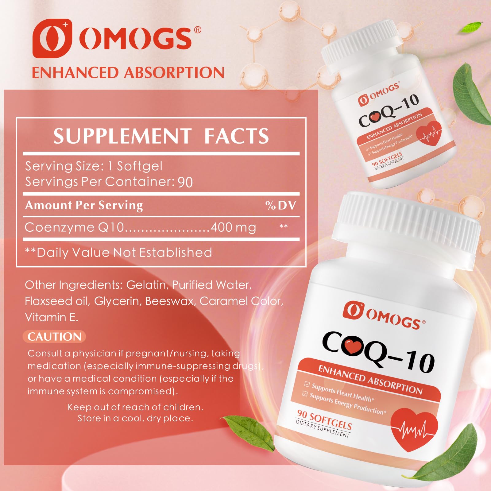 OMOGS CoQ10 400mg Softgels, Coenzyme Q10 High Absorption Supplements Support Heart Health, Cardiovascular Health, Immune System - Maple Wellness Supplements
