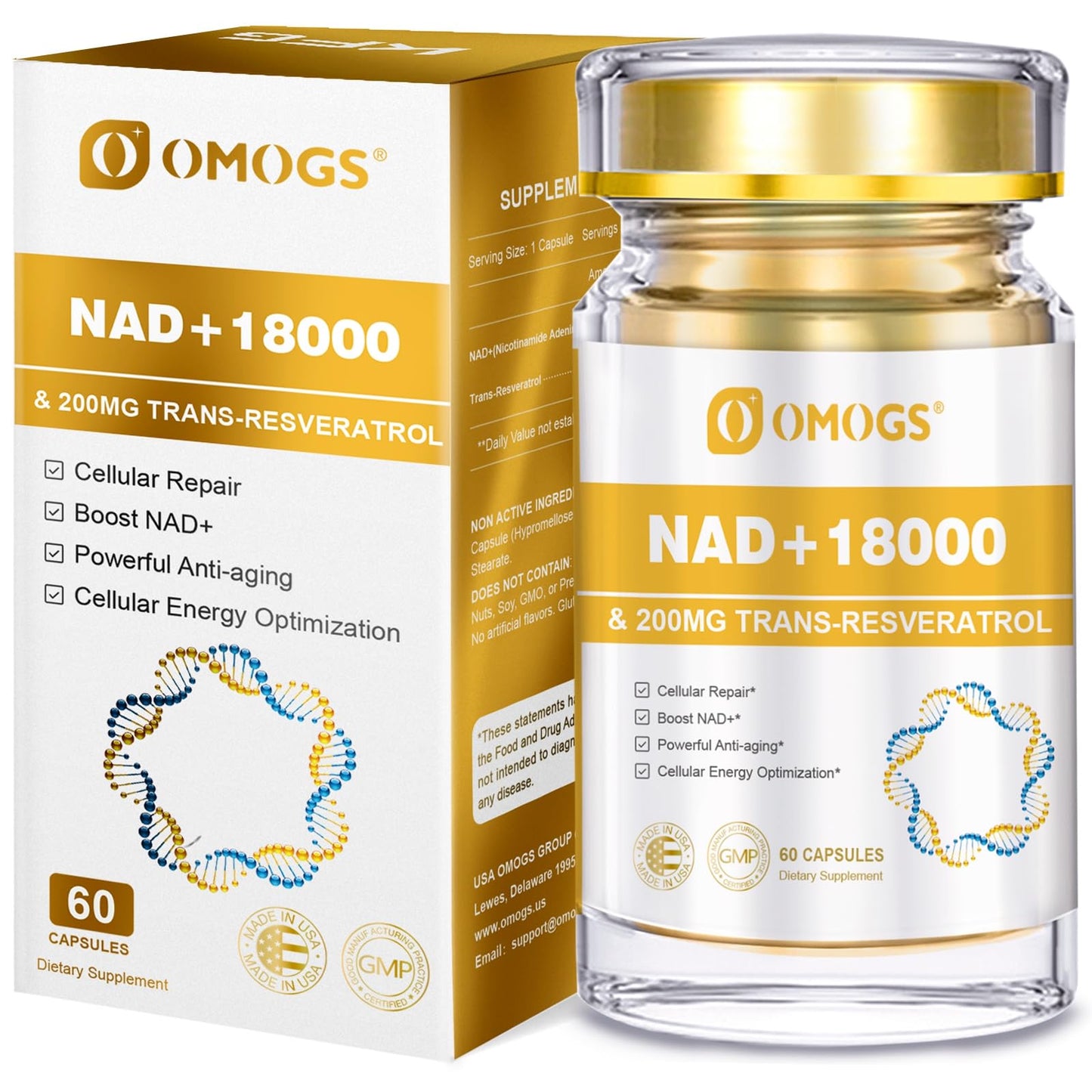OMOGS NAD+ 300 mg + Trans-Resveratrol 200 mg, Pure NAD Supplement, Max Absorption, Boosting Supplement for DNA Repair, Healthy Aging, Cellular Energy & Longevity, 60 Capsules - Maple Wellness Supplements
