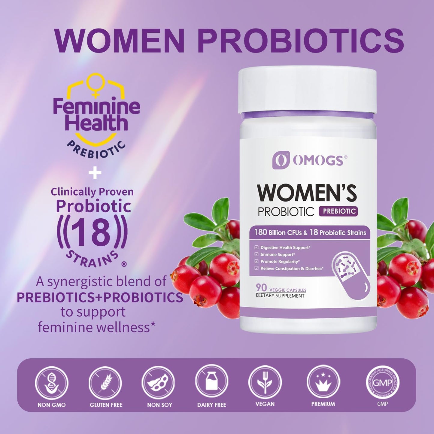 OMOGS Women's Probiotic 180 Billion CFUs 18 Strains, with Organic Prebiotics, Cranberry Extract, D-Mannose & Digestive Enzymes, for Digestive, Boost Immune, - Maple Wellness Supplements