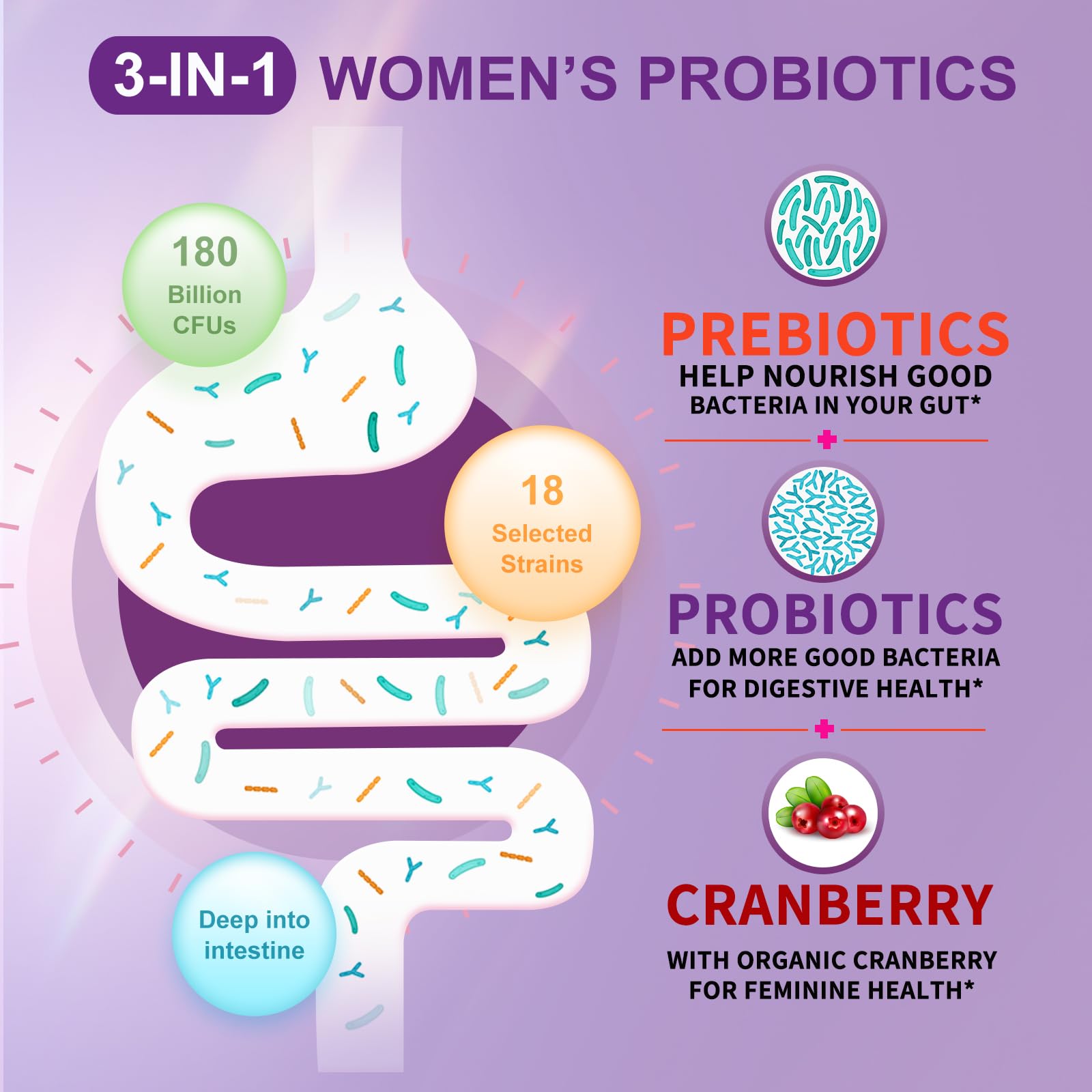 OMOGS Women's Probiotic 180 Billion CFUs 18 Strains, with Organic Prebiotics, Cranberry Extract, D-Mannose & Digestive Enzymes, for Digestive, Boost Immune, - Maple Wellness Supplements