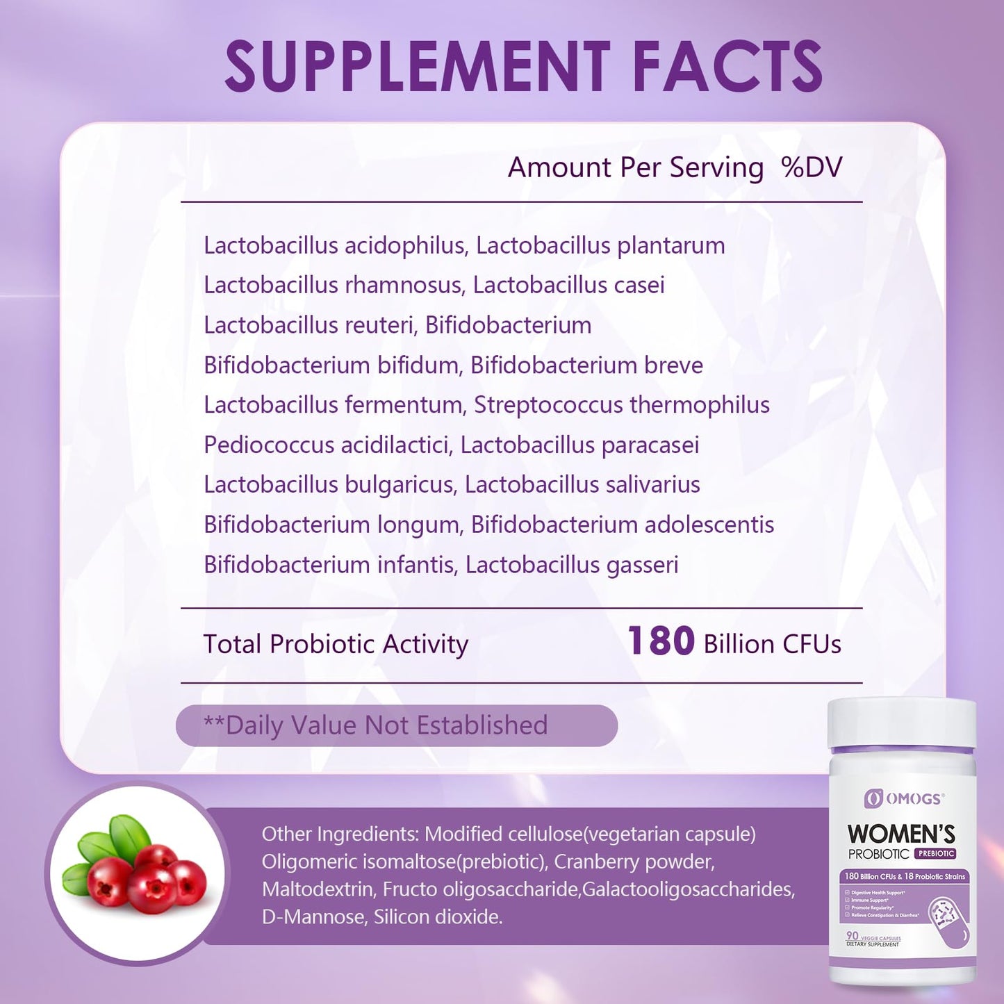 OMOGS Women's Probiotic 180 Billion CFUs 18 Strains, with Organic Prebiotics, Cranberry Extract, D-Mannose & Digestive Enzymes, for Digestive, Boost Immune, - Maple Wellness Supplements