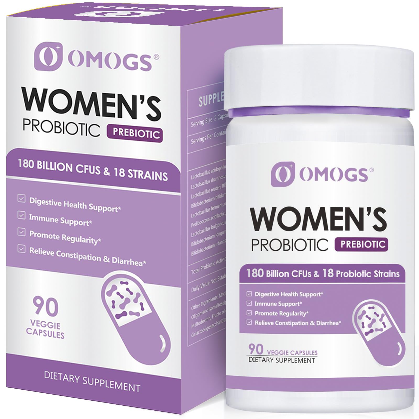 OMOGS Women's Probiotic 180 Billion CFUs 18 Strains, with Organic Prebiotics, Cranberry Extract, D-Mannose & Digestive Enzymes, for Digestive, Boost Immune, - Maple Wellness Supplements