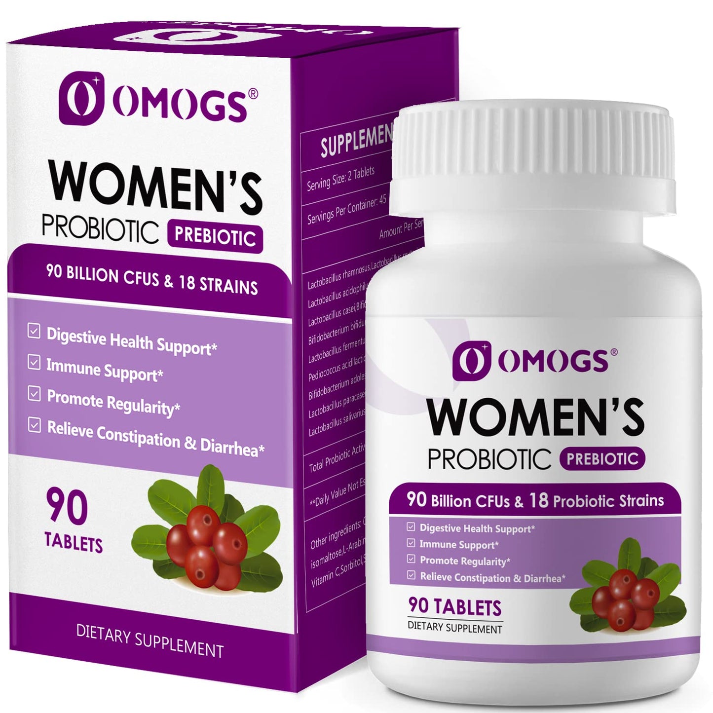OMOGS Women's Probiotic, with Cranberry Extract, Organic Prebiotics & Vitamin C, 90 Billion CFUs,18 Strains, Help for Boost Immune, Digestive, Gut Health & Women's Health - Maple Wellness Supplements