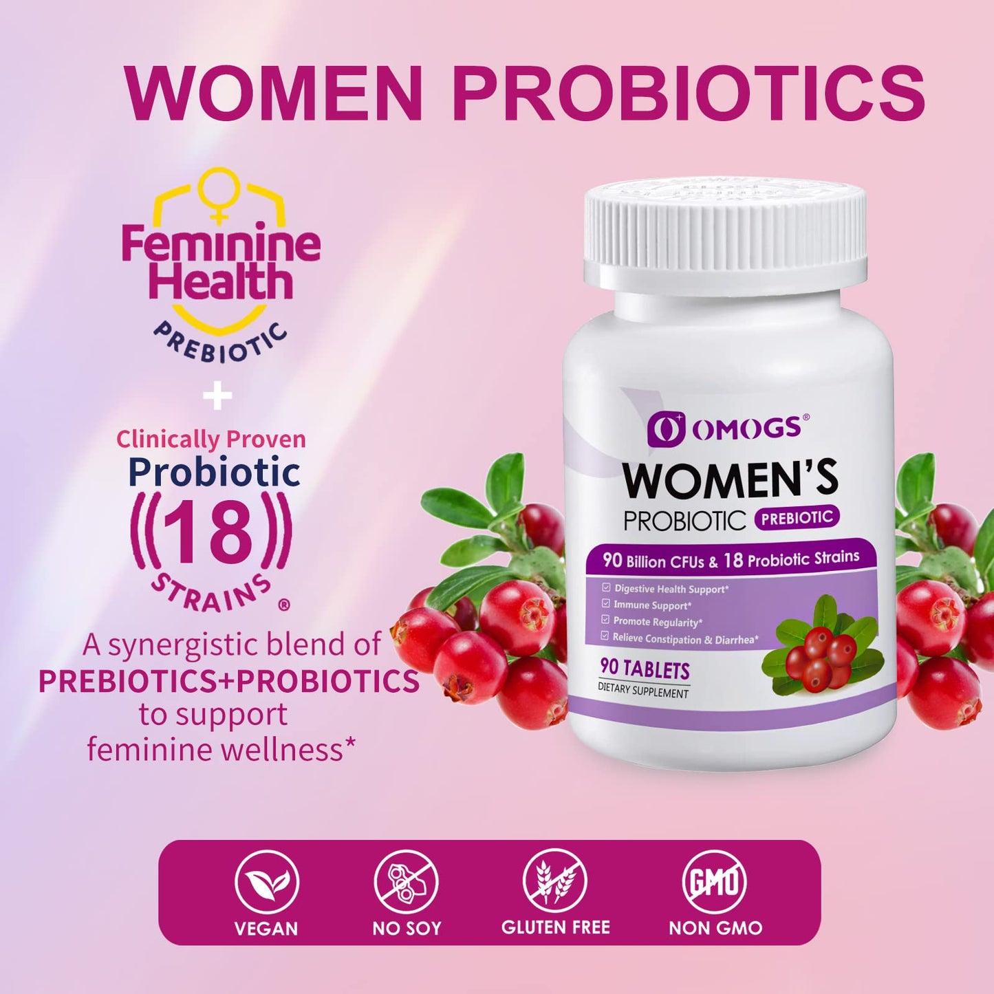 OMOGS Women's Probiotic, with Cranberry Extract, Organic Prebiotics & Vitamin C, 90 Billion CFUs,18 Strains, Help for Boost Immune, Digestive, Gut Health & Women's Health - Maple Wellness Supplements