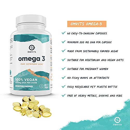 Omvits Vegan Omega 3 DHA from Algae Oil 1000mg - 60 Softgel Capsules with Vitamin E - Maple Wellness Supplements