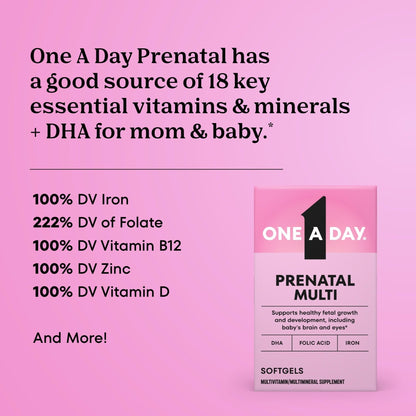 One A Day Prenatal Vitamins- Folic Acid, Iron, Omega- 3 (DHA), Pregnancy Vitamins for Women, Prenatal Multivitamin for Mom and Baby Support - Maple Wellness Supplements