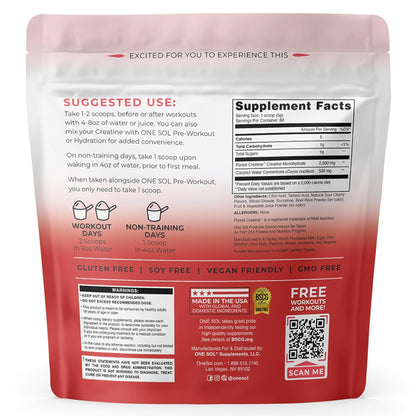One Sol Creatine for Women, All Natural Women's Creatine Powder w Pure Creatine & Coconut Water, Increase Lean Muscle Mass, Reduce Recovery Time, Promote Brain & Bone Health (Sour Cherry, 60 Servings) - Maple Wellness Supplements