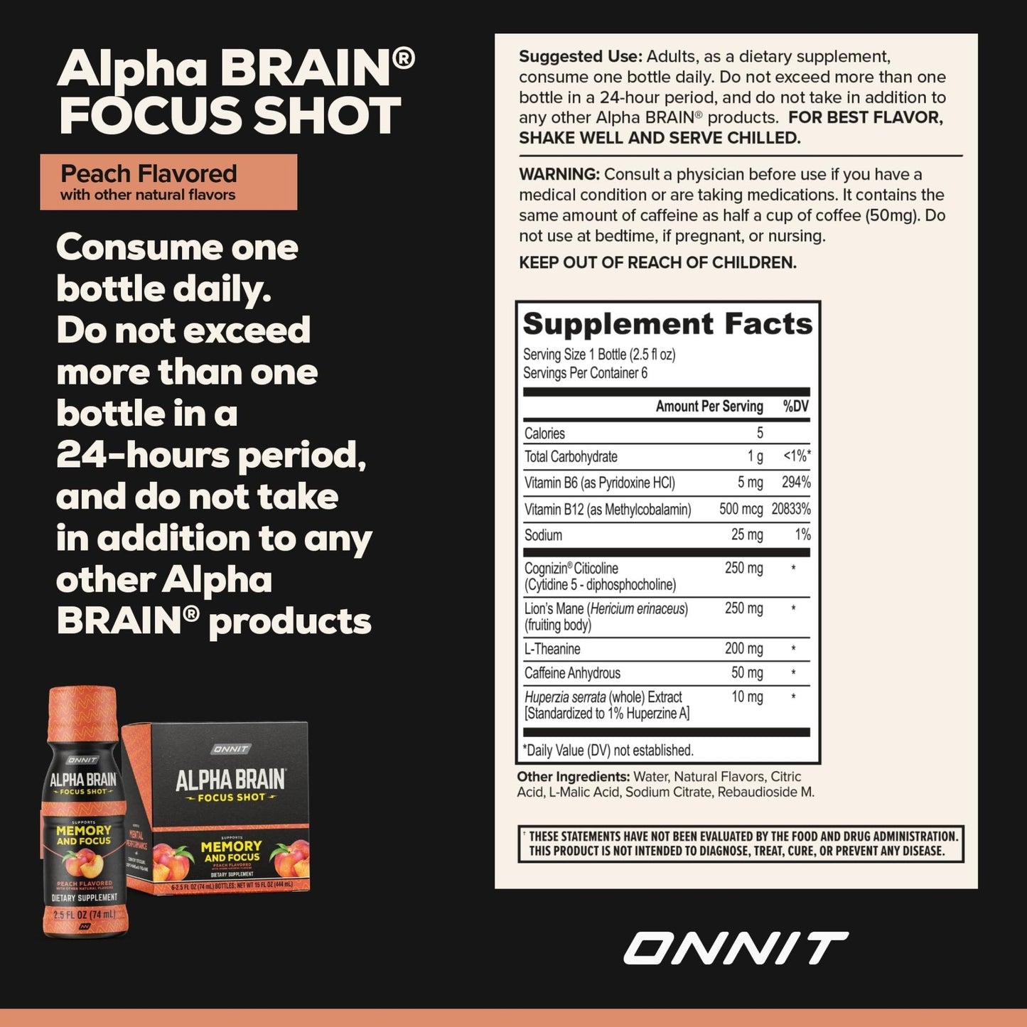ONNIT Alpha Brain Focus Shot, Peach Flavor, Nootropic Dietary Supplement Drink That Supports Energy, Focus, and Mood, IGEN™ Non-GMO Tested, 2.5 fl oz, 6 Count - Maple Wellness Supplements
