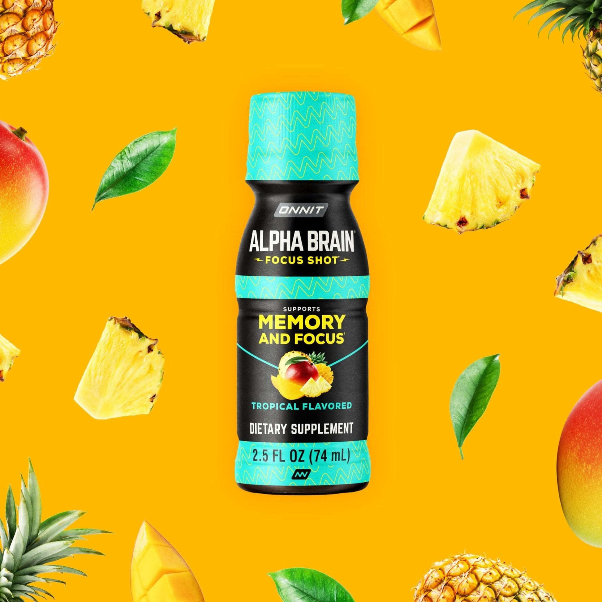 ONNIT Alpha Brain Focus Shot, Tropical Flavor, Nootropic Dietary Supplement Drink That Supports Energy, Focus, and Mood, IGEN™ Non-GMO Tested, 2.5 fl oz, 6 Count - Maple Wellness Supplements