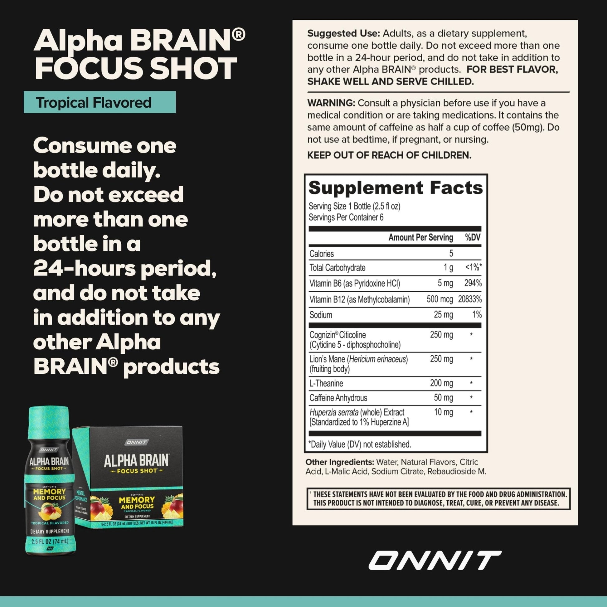 ONNIT Alpha Brain Focus Shot, Tropical Flavor, Nootropic Dietary Supplement Drink That Supports Energy, Focus, and Mood, IGEN™ Non-GMO Tested, 2.5 fl oz, 6 Count - Maple Wellness Supplements