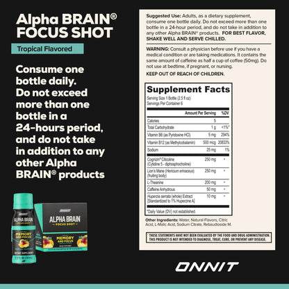 ONNIT Alpha Brain Focus Shot, Tropical Flavor, Nootropic Dietary Supplement Drink That Supports Energy, Focus, and Mood, IGEN™ Non-GMO Tested, 2.5 fl oz, 6 Count - Maple Wellness Supplements