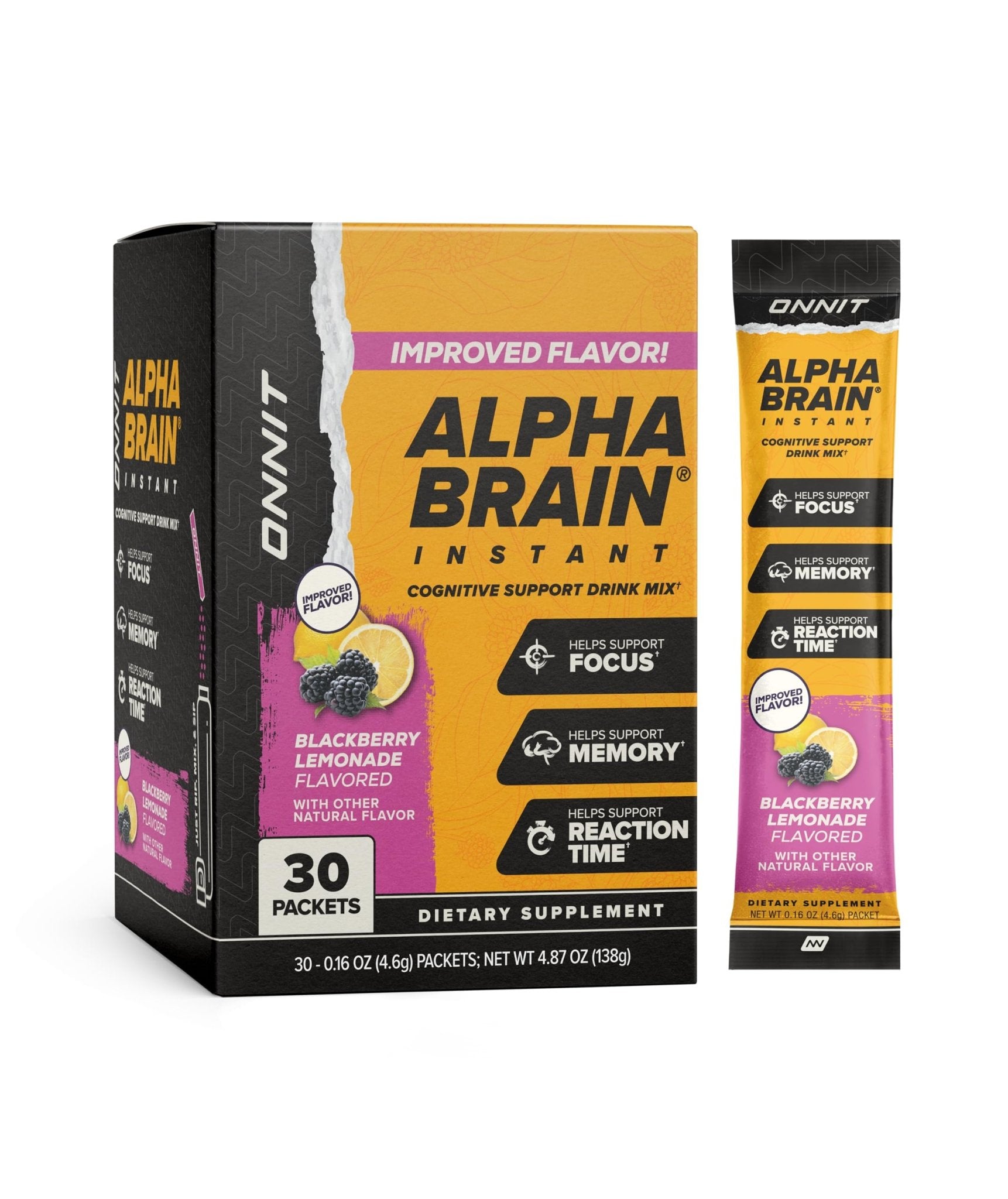 ONNIT Alpha Brain Instant Cognitive Support Drink Mix, BlackBerry Lemonade Flavor, Nootropic Supplement for Focus, Memory, and Clarity, 0.13 oz Packets, 30 Count - Maple Wellness Supplements