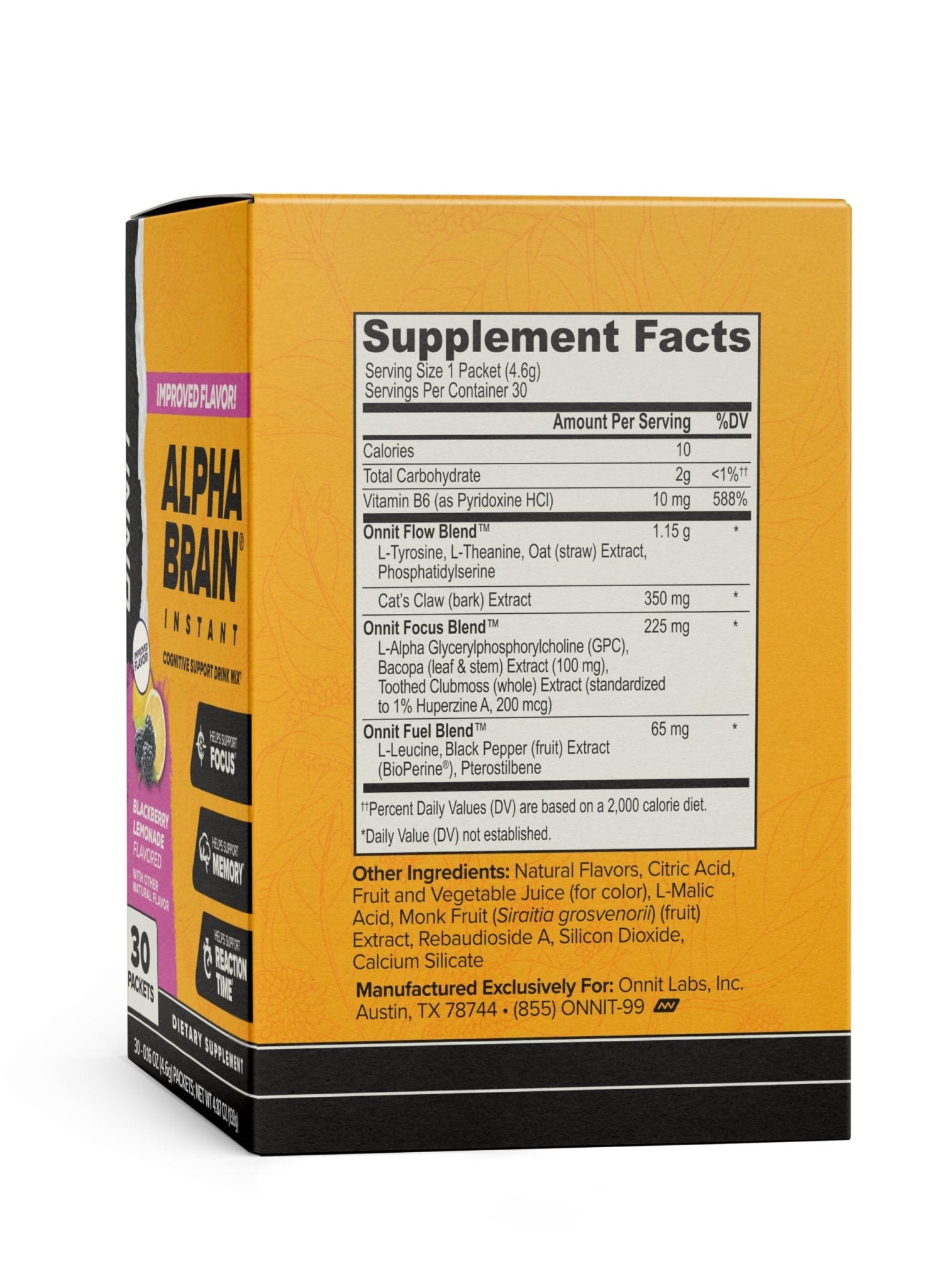 ONNIT Alpha Brain Instant Cognitive Support Drink Mix, BlackBerry Lemonade Flavor, Nootropic Supplement for Focus, Memory, and Clarity, 0.13 oz Packets, 30 Count - Maple Wellness Supplements