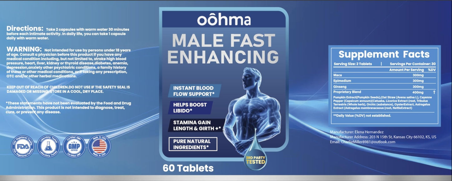 Oohma New Male Enhancing Supplement, Designed to be Fast Acting for Blood Flow to Gain Length & Girth + Stamina, Maca, Epimedium, and Other Natural Ingredients, 3rd Party Tested Supplement 60 Tablets - Maple Wellness Supplements