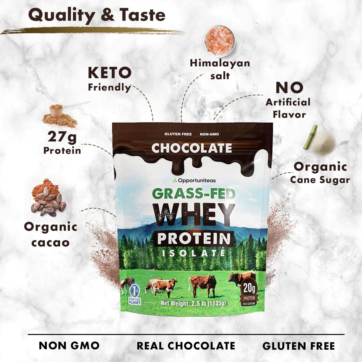 Opportuniteas Chocolate Whey Protein Powder - Grass Fed Whey Isolate + Organic Cacao - Maple Wellness Supplements