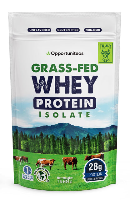 Opportuniteas Grass Fed Whey Isolate Protein Powder – Unflavored, Heavy-Metal Tested, 28g Protein, Sourced from Ireland, Hormone-Free, Non-GMO, Packaged in USA – 1lb - Maple Wellness Supplements