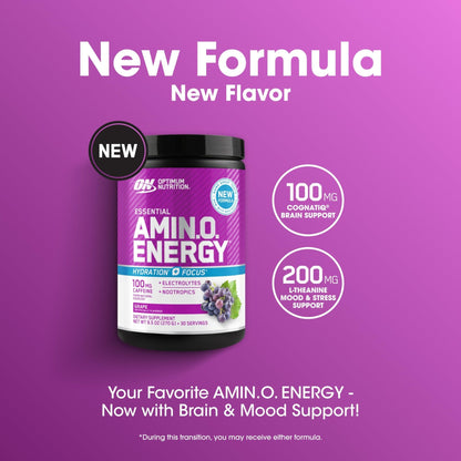 Optimum Nutrition Amino Energy Powder Plus Focus, with BCAA, Electrolytes, and Caffeine, Grape, 30 Servings (Packaging May Vary) - Maple Wellness Supplements