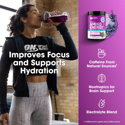 Optimum Nutrition Amino Energy Powder Plus Focus, with BCAA, Electrolytes, and Caffeine, Grape, 30 Servings (Packaging May Vary) - Maple Wellness Supplements
