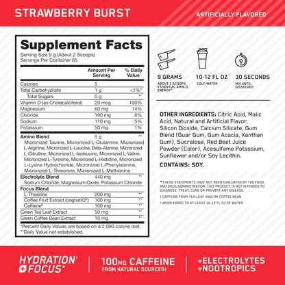 Optimum Nutrition Amino Energy Powder Plus Focus, with BCAA, Electrolytes, and Caffeine, Strawberry Burst, 65 Servings - Maple Wellness Supplements