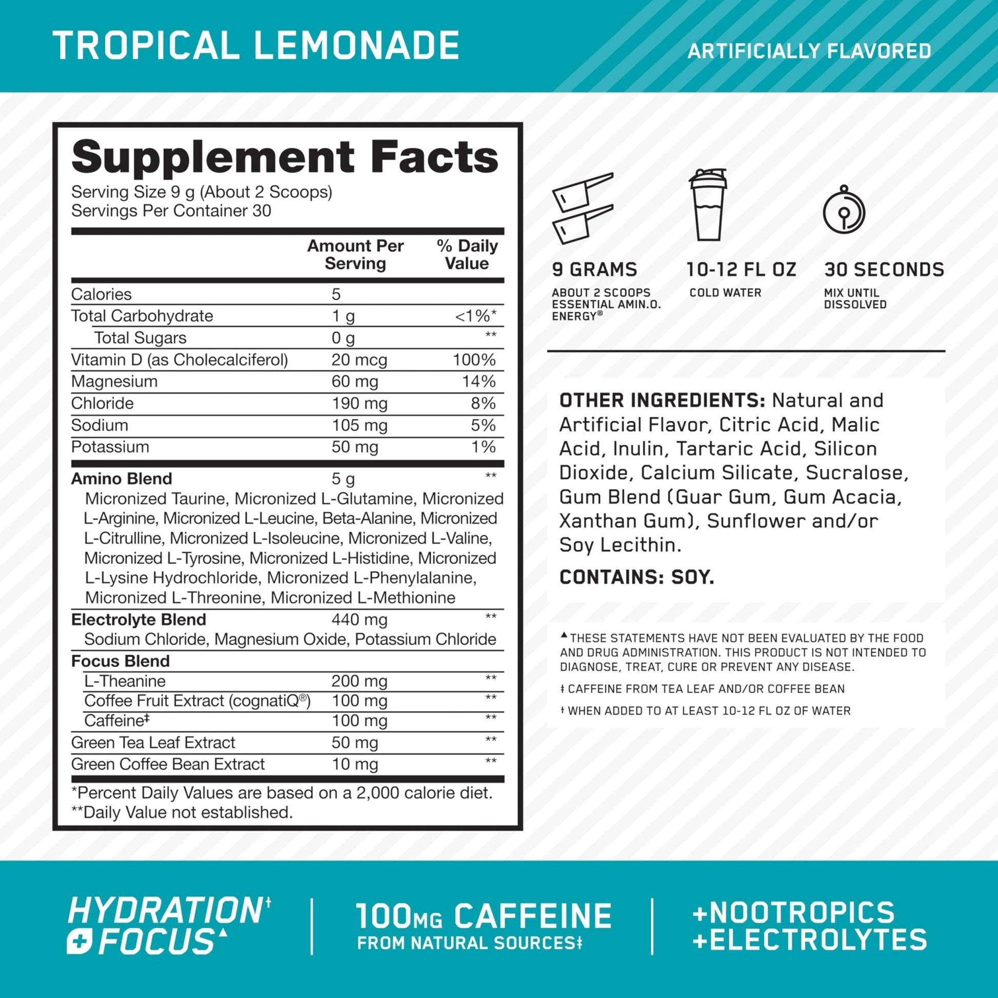 Optimum Nutrition Amino Energy Powder Plus Focus, with BCAA, Electrolytes, and Caffeine, Tropical Lemonade, 30 Servings (Packaging May Vary) - Maple Wellness Supplements