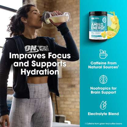Optimum Nutrition Amino Energy Powder Plus Focus, with BCAA, Electrolytes, and Caffeine, Tropical Lemonade, 30 Servings (Packaging May Vary) - Maple Wellness Supplements