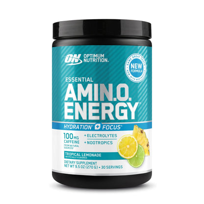 Optimum Nutrition Amino Energy Powder Plus Focus, with BCAA, Electrolytes, and Caffeine, Tropical Lemonade, 30 Servings (Packaging May Vary) - Maple Wellness Supplements