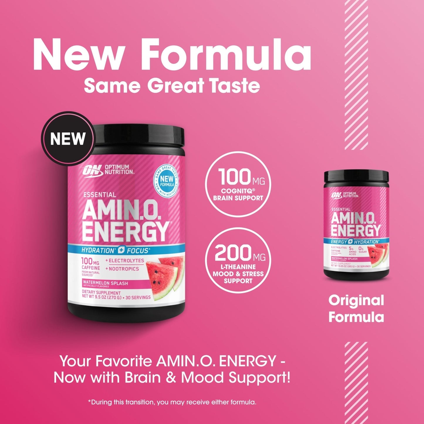 Optimum Nutrition Amino Energy Powder Plus Focus, with BCAA, Electrolytes, and Caffeine, Watermelon, 30 Servings (Packaging May Vary) - Maple Wellness Supplements