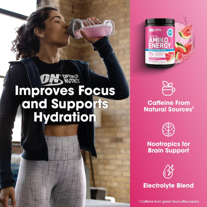 Optimum Nutrition Amino Energy Powder Plus Focus, with BCAA, Electrolytes, and Caffeine, Watermelon, 30 Servings (Packaging May Vary) - Maple Wellness Supplements
