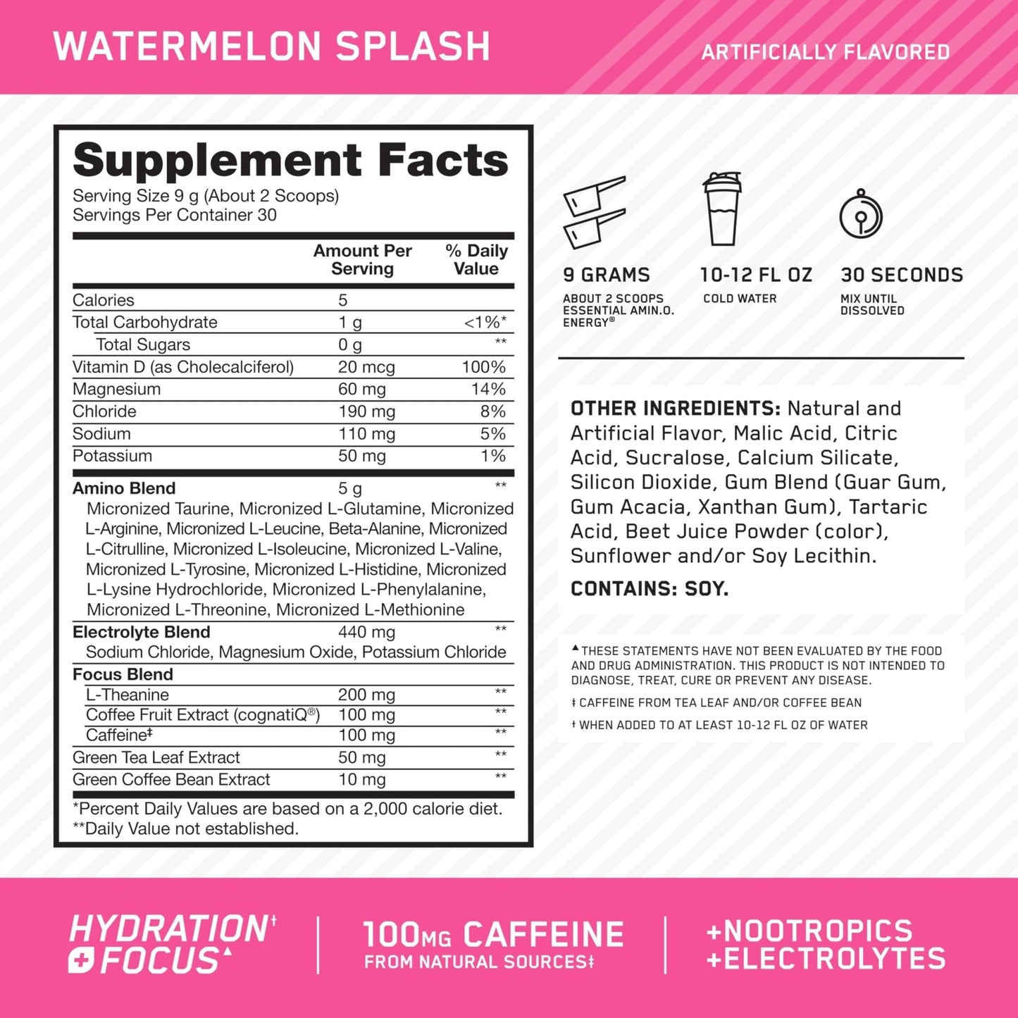 Optimum Nutrition Amino Energy Powder Plus Focus, with BCAA, Electrolytes, and Caffeine, Watermelon, 30 Servings (Packaging May Vary) - Maple Wellness Supplements