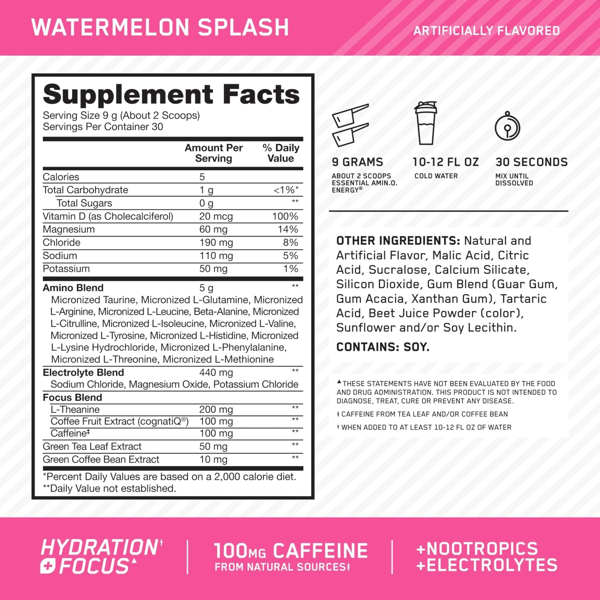 Optimum Nutrition Amino Energy Powder Plus Focus, with BCAA, Electrolytes, and Caffeine, Watermelon, 30 Servings (Packaging May Vary) - Maple Wellness Supplements