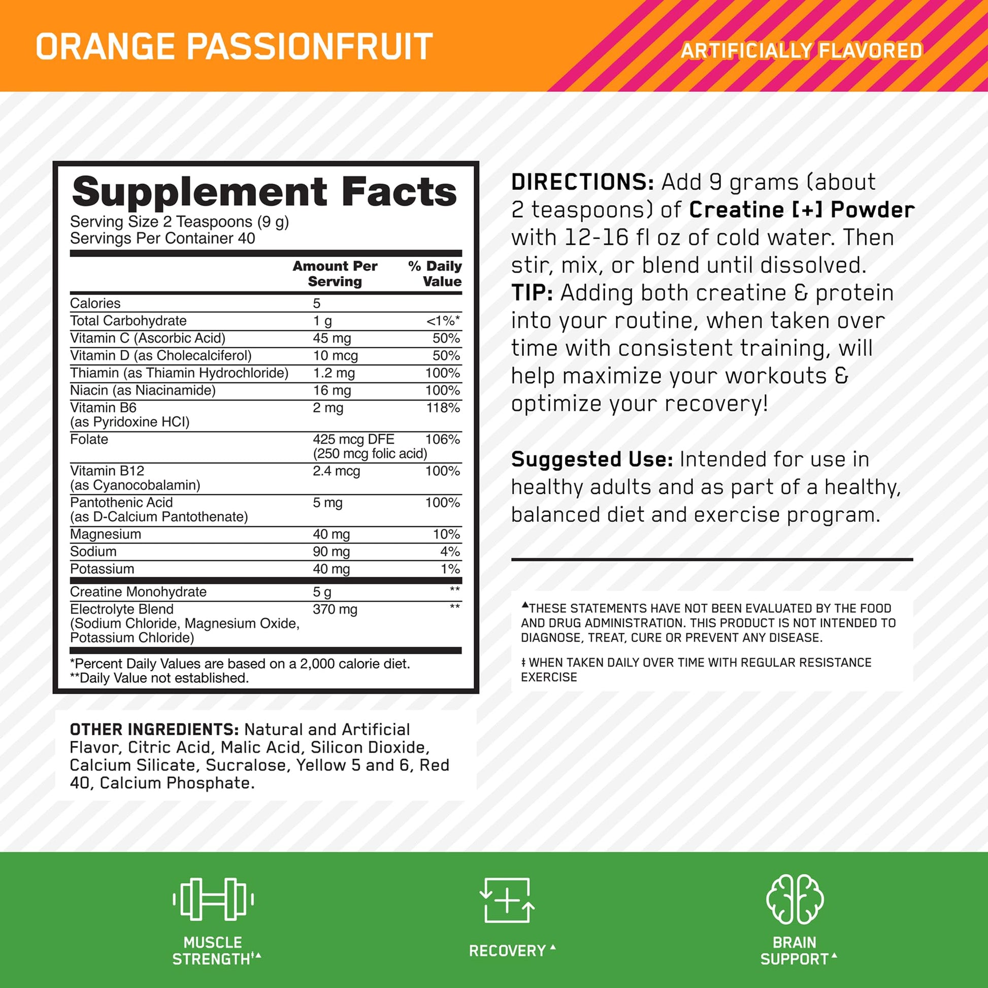 Optimum Nutrition Creatine Monohydrate Plus Powder, Orange Passionfruit Flavored Creatine Performance Blend With Electrolytes for Hydration, Added Vitamins, 40 Servings, 360 Grams (Packaging May Vary) - Maple Wellness Supplements