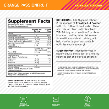 Optimum Nutrition Creatine Monohydrate Plus Powder, Orange Passionfruit Flavored Creatine Performance Blend With Electrolytes for Hydration, Added Vitamins, 40 Servings, 360 Grams (Packaging May Vary) - Maple Wellness Supplements