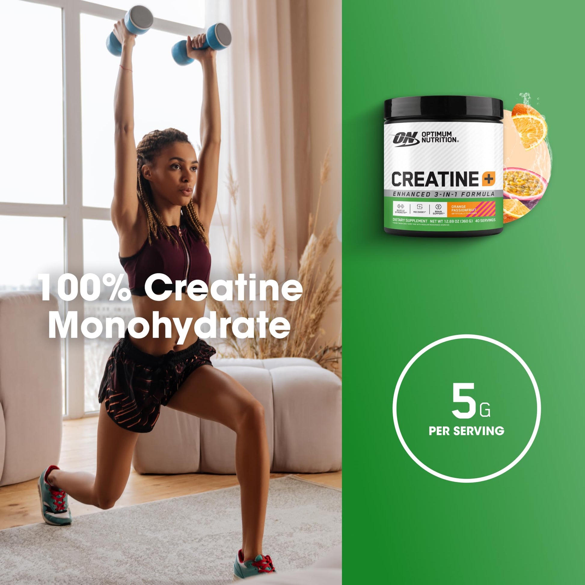 Optimum Nutrition Creatine Monohydrate Plus Powder, Orange Passionfruit Flavored Creatine Performance Blend With Electrolytes for Hydration, Added Vitamins, 40 Servings, 360 Grams (Packaging May Vary) - Maple Wellness Supplements