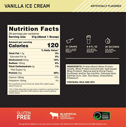 Optimum Nutrition Gold Standard 100% Whey Protein Powder, Vanilla Ice Cream, 2 Pound - Maple Wellness Supplements