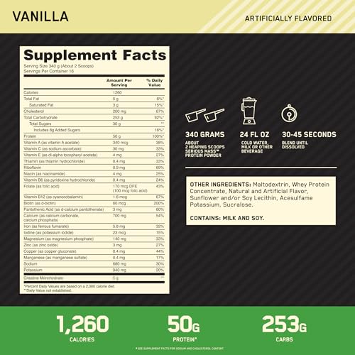 Optimum Nutrition Serious Mass Weight Gainer Protein Powder Vitamin C Zinc and Vitamin - Maple Wellness Supplements