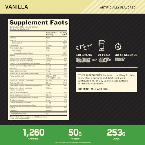 Optimum Nutrition Serious Mass, Weight Gainer Protein Powder, with Added Immune Supp - Maple Wellness Supplements