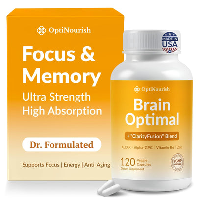 OPTINOURISH Brain Supplement for Memory and Focus, Nootropic for Adults, Fuel Brain Energy & Mental Clarity, Caffeine Free,Cognitive Support, Doctor-Formulated, Made in USA,cGMP,120 Caps - Maple Wellness Supplements