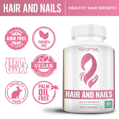 OPTML Hair and Nail Vitamins for Hair Growth and Thickness, Biotin-Infused Hair Pills, Hair Vitamins for Faster Hair Growth and Healthy Nails, for Women and Men, 60 Capsules - Maple Wellness Supplements