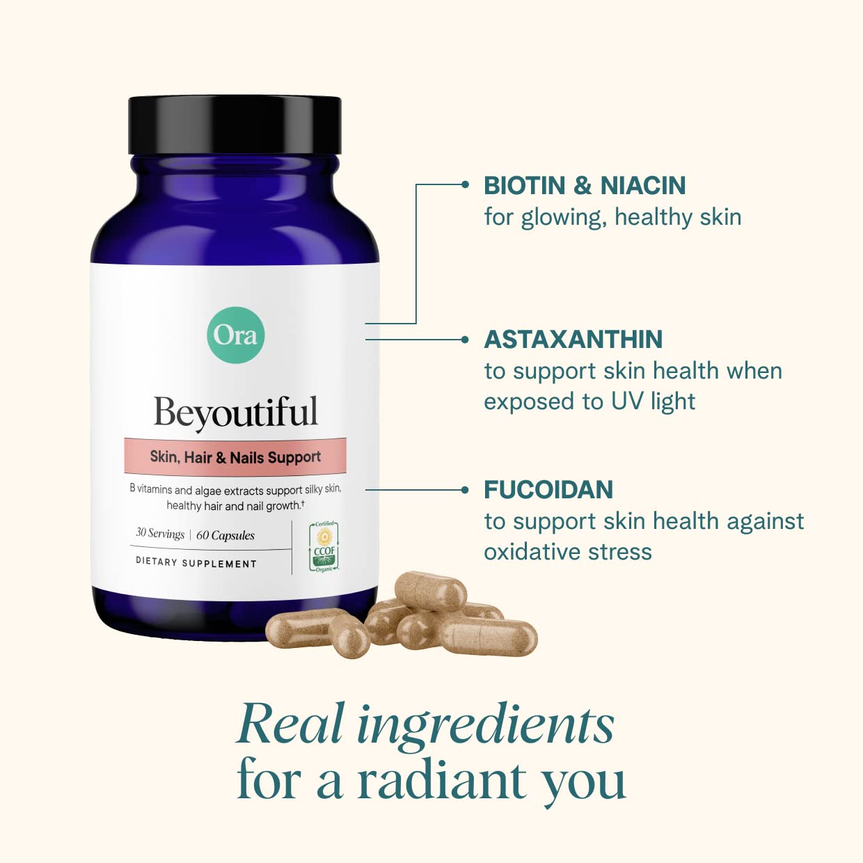 Ora Organic Hair, Skin, and Nails Support- BeYouTiful - Beauty Supplement with B Vitamins and Algae Extracts for Healthy Hair and Skin - 60 Vegan Capsules - Maple Wellness Supplements