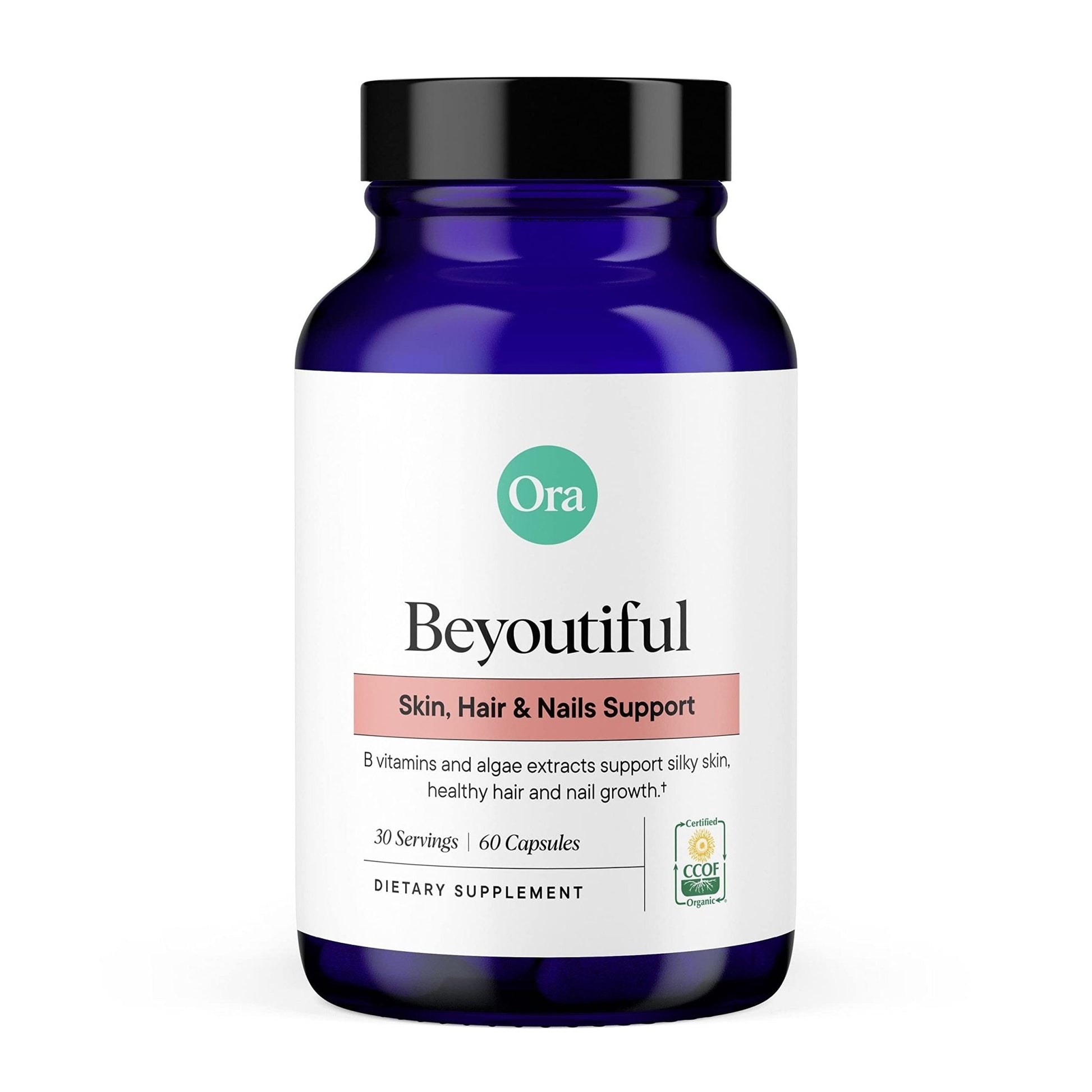 Ora Organic Hair, Skin, and Nails Support- BeYouTiful - Beauty Supplement with B Vitamins and Algae Extracts for Healthy Hair and Skin - 60 Vegan Capsules - Maple Wellness Supplements