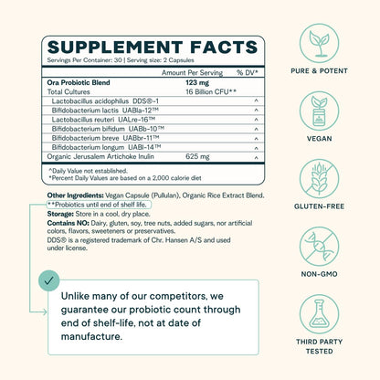 Ora Organic Probiotics with Prebiotics for Digestive Health 16 Billion CFU - Trust Your Gut - Strains - Acidophilus Lactobacillus Breve Bifidum Lactis - Maple Wellness Supplements